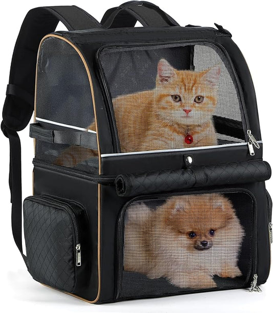 Double Cat Backpack Carrier for 2 Cats, Double-Compartment Pet Carrier Backpack for Two Small Cat or One Medium Cat, Cats Carrier Backpack Dog Carrier Backpack Fits Up to 24 Lbs,Black
