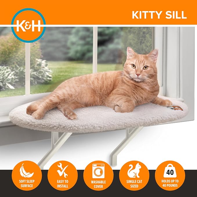 K&H Cat Window Perch Kitty Sill - Cat Window Hammock Bed with Strong Support Holds 40 lbs, Cushioned Windowsill Bed for Indoor Cats, Washable Cover, Cream Fleece, 24 x 14 Inches