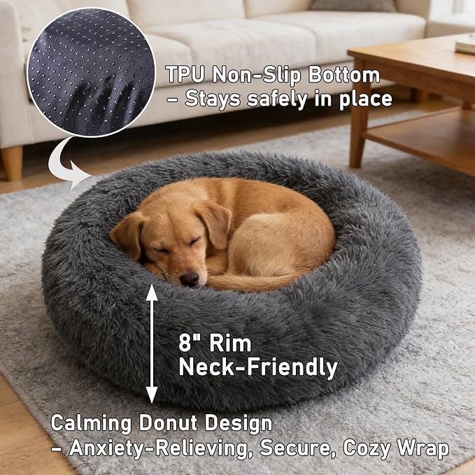 Calming Donut Dog Beds for Small Dogs Kitten - Washable Removable Cover Non-Slip Bottom, Round Pet Bed Puppy Bed Warming Fluffy Faux Fur Anti-Anxiety, Fits up to 15 lbs (Dark Grey, 20")