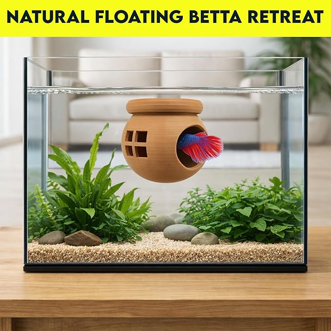 Floating Cozy Betta House, Natural Floating Betta Hide Out, Aquarium Fish Hammock, Relaxing & Stress Relief, Suction Cup Included, 2.9" W x 2.6" H (Natural Brown)