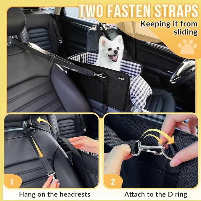 SlowTon Console Dog Car Seat, Dog Booster Seat for Small Dogs Under 11lbs | Portable, Safety Features for Anti-Collapse, Hard Bootm for Excellent Support, with Washable Cushion Built in Seat Belt