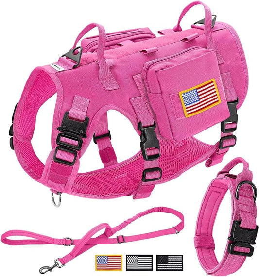 Forestpaw Pink Tactical Dog Harness for Large Dogs,Tactical Dog Collar with Bungee Leash Set,No Pull Military Dog Harness for Walking Training,Adjustable for Medium Large Dogs,Chest 27-40"