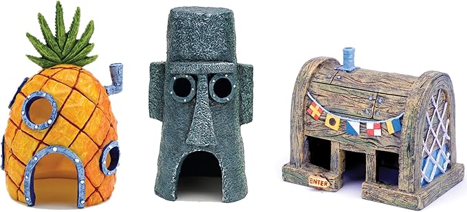 Penn-Plax Spongebob Squarepants Officially Licensed 3-Piece Aquarium Ornament Bundle – Spongebob’s Pineapple House, Squidward’s Easter Island Home, and The Krusty Krab