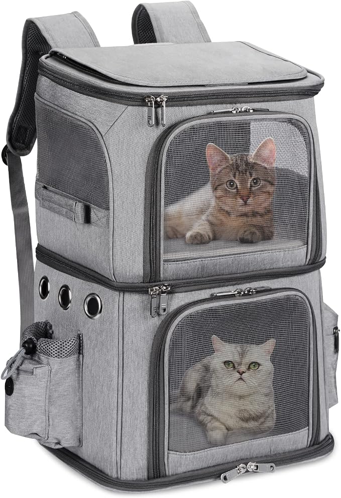 HOVONO Double-Compartment Cat Backpack Carrier for Mulit-Cat Families | Extra Large Pet Backpack Carrier for 2 Cats with Removable Divider and Breathable Mesh Windows for Hiking/Camping/Vet Visits