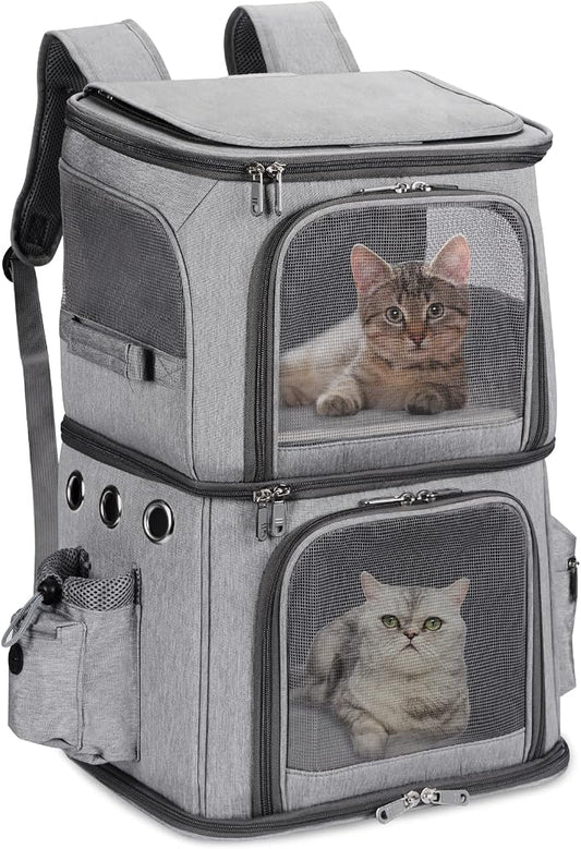 HOVONO Double-Compartment Cat Backpack Carrier for Mulit-Cat Families | Extra Large Pet Backpack Carrier for 2 Cats with Removable Divider and Breathable Mesh Windows for Hiking/Camping/Vet Visits