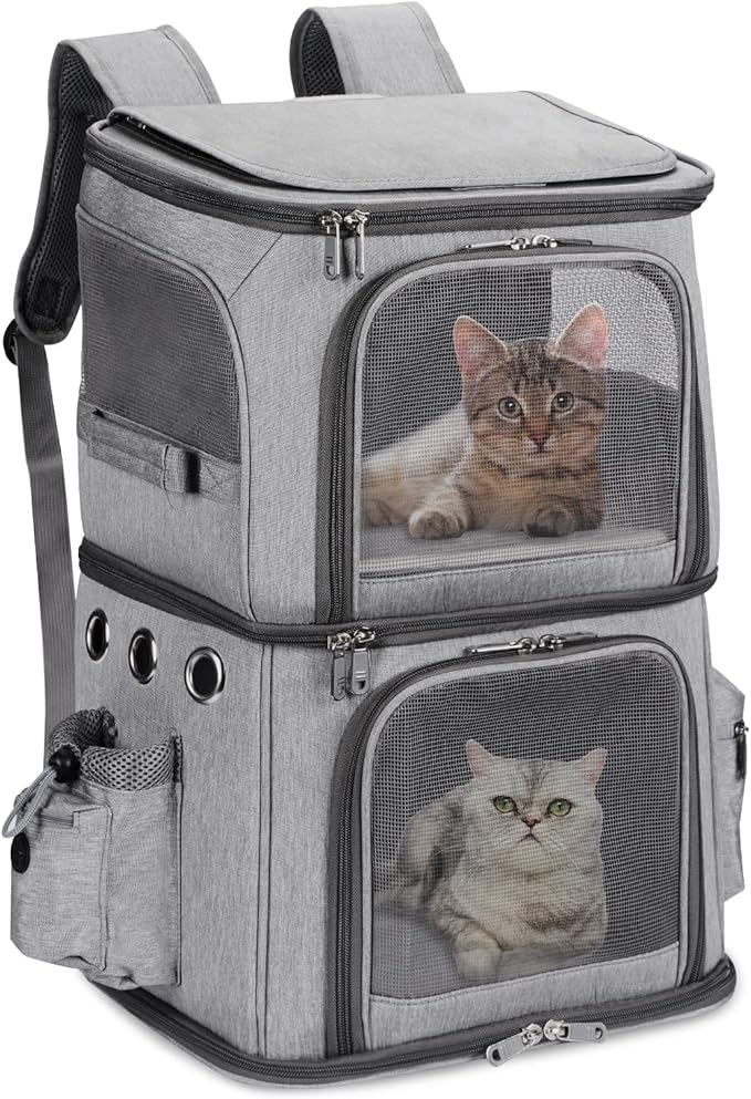 HOVONO Double-Compartment Cat Backpack Carrier for 2 Pets up to 18 lbs | 2-in-1 Pet Backpack Carrier for Small Cats & Dogs, Perfect for Traveling/Hiking /Camping/Vet Grey