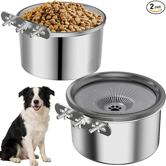2 Pcs No Spill Dog Water Bowl for Crate, 2.5L Stainless Steel Hanging Kennel Bowls with Adjustable Height, Anti-Splash Water & Food Bowl Set for Cage Kennel Crate, Medium Large Dogs (Grey)