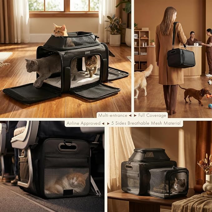 Top-Side Expandable Pet Carrier, Treat Window,18x13x9.5 Airline Approved | for Southwest Frontier,Soft-Sided Cat Carrier, Anti-Scratch Mesh, Lockable Zippers,Dog Carrier for Kitten,Rabbit,Puppy, Black