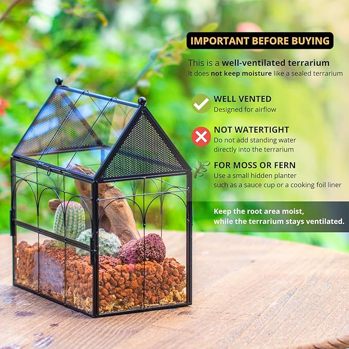 NCYP Glass Enclosure with Vent Holes for Jumping Spiders, Praying Mantis, Small Insect - 7.5" x 4.9" x 9" Front Opening Door Vented Glass Terrarium - House Shape, Home Decor, Black (Terrarium Only)