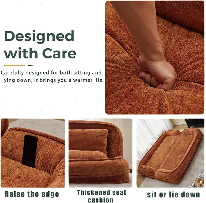 Foldable Lazy Sofa Bed, Double Human Dog Bed for Adults, Orange | Skin-friendly Breathable Soft Chenille Upholstered, 5 Adjustable Backrest Positions, 3 Soft Cushions for Living Room