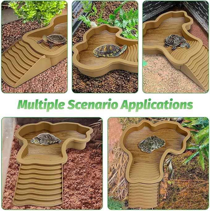 PINVNBY Large Reptile Bathing Pool Tortoise Water Dish with Removable Ramp and Leaf Reptile Food Dish & Water Bowl Tortoise Habitat Accessories for Turtle Lizard Gecko Snake (Yellow)