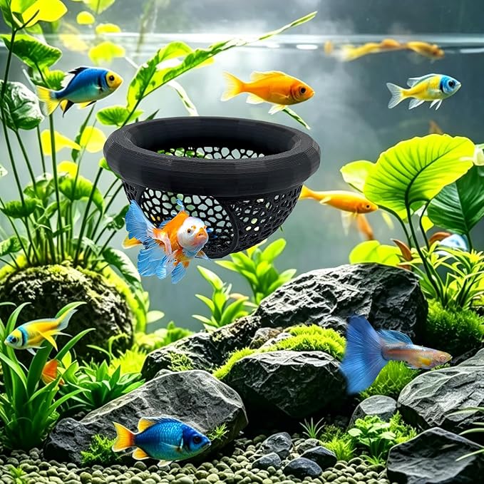 Floating Betta Hide Shrimp Cave, Multi Functional Betta Fish Hammock and Feeding Rings, Provide Safe Resting Places for Bettas, Shrimp and Small Fish, PLA Material (Black)