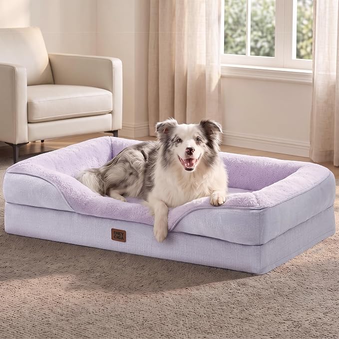 EHEYCIGA Orthopedic XL Dog Bed for Large Sized Dog, 42x30 Inch Extra Large Memory Foam Dog Couch Bed with Sides, Waterproof Liner & Washable Removable Cover, Purple