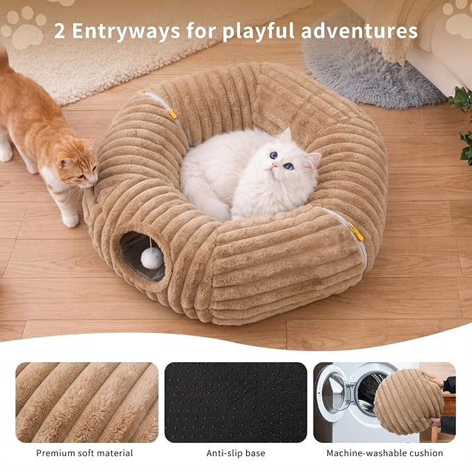 Dogpals Cat Tunnel Bed Cave 33" Lx10 Wx10 H for Indoor Cats(Khaki) | Washable Cozy Cushion, Soft Striped Plush Fabric, Hideaway Peekaboo Cave for Kittens, Puppies, Rabbits & Small Pets