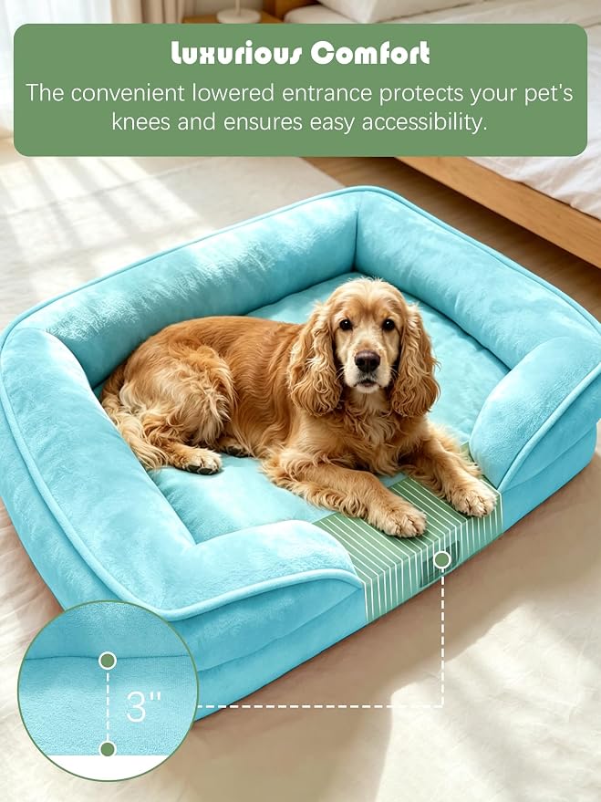 Spotted Play Orthopedic Dog Bed with Sides - Sofa Beds for Large Dogs, Supportive Foam Pet Couch Bed with Washable Removable Cover, Waterproof Lining and Non-Slip Bottom, Ice Blue - L