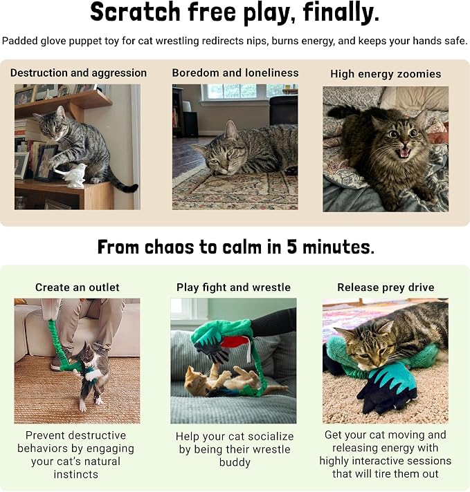 Milunova Pupr Pals Cat Wrestling Glove (Catnip Infused) Hand Puppet Toy with Tough Padding for Safe Interactive Play, Protection to Stop Kitten Scratching Hands; for Boredom-Busting Exercise