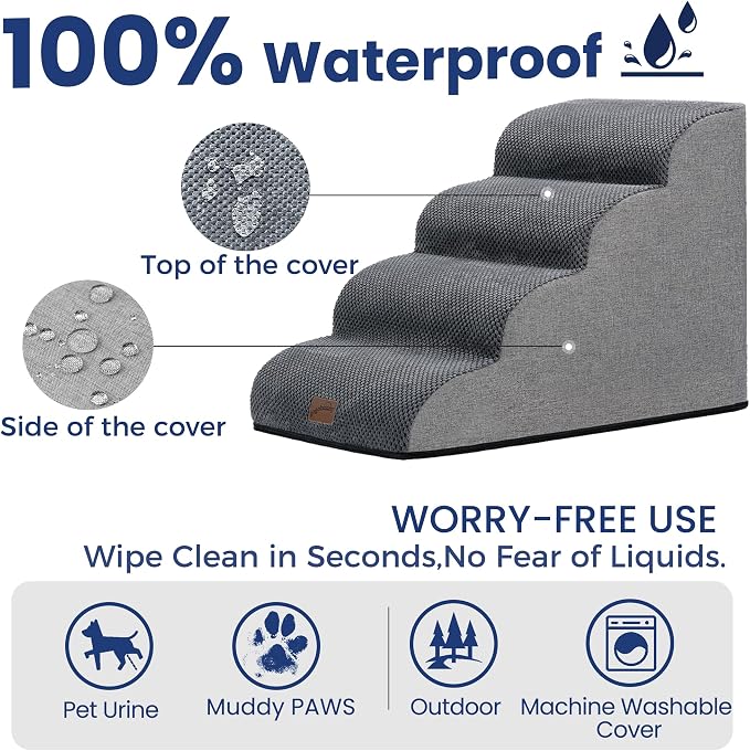 GoGoBunny Dog Stairs for High Bed, 19.7" H 4-Step Ramp Dog Steps, Grey | Pet Steps & Ramp for Small Medium Dogs Cats, oint Friendly, Waterproof Non-Slip, Balanced Durable Indoor Pet Stairs