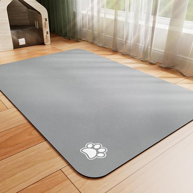 HotLive Dog Food Mat - Absorbent Cat Mat for Food and Water, No Stains Pet Feeding Bowl Mat, Easy to Clean Pet Placemats, Quick Dry Dog Water Dispenser Mat for Messy Drinkers | Paw Grey 18"x 34"