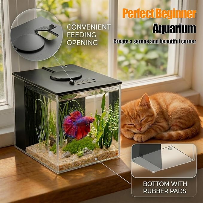 Vehipa Betta Fish Tank 1 Gal (3.7L), Acrylic Nano Aquarium Kit with Water Filter Pump & LED Light, Ideal for Small Fish, Shrimp and Plants, Black