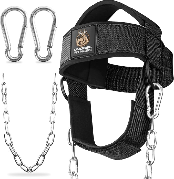 DMoose Fitness Neck Harness for Weight Lifting - Soft Padded Head & Chin Strap with 30" Heavy Duty Steel Chain - Neck Exerciser, Trainer & Strengthener to Support Injury Recovery and Intense Workouts