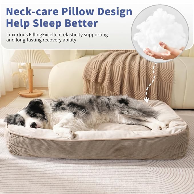 FAIRYPET Deluxe Plush Dog Beds for Medium to Large Dogs, 3D Crimped Siliconized Hollow Fiber Fill，Soft Breathable，Washable Dog Bed, Plush Faux Fur & Corduroy,Durable Pet Bed with Anti-Slip Bottom