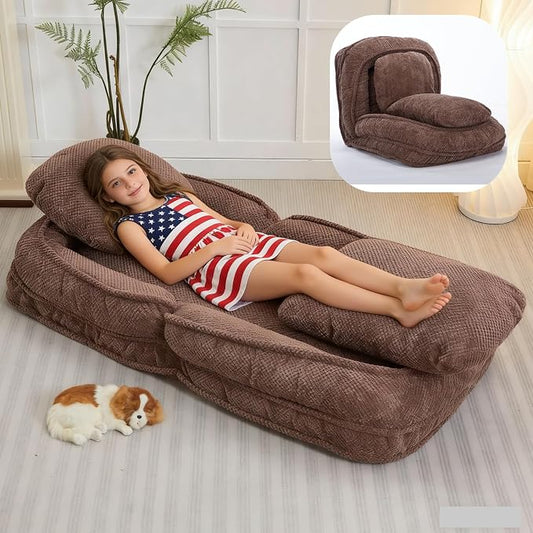 Foldable Lazy Sofa Bed with 5 Levels Adjustable Backrest, Brown | Comfy Upholstered Human Dog Bed for Adults and Pets, Lazy Floor Lounger with 2 Soft Cushions for Living Room Bedroom