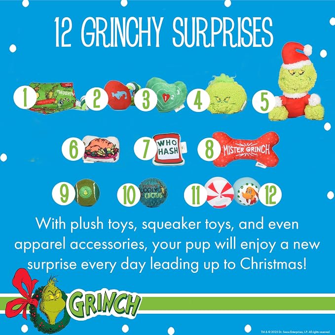 Dr. Seuss for Pets How the Grinch Stole Christmas Dog Advent Calendar with 12 Surprise Toys and Accessories, Dog Stocking Stuffers, Dog Christmas Gifts, Christmas Gifts for Dogs | Officially licensed holiday countdown calendar, includes treats and toys...