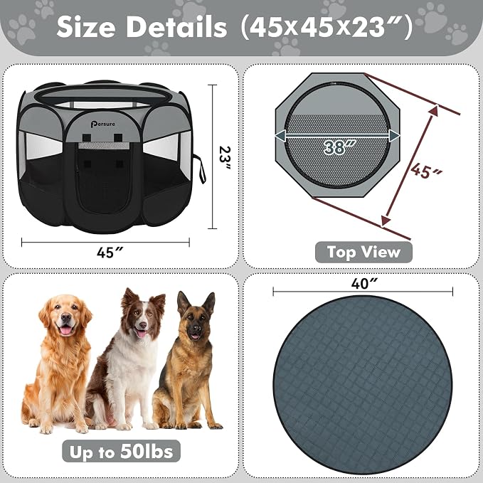 Persure Dog Cat Pet Playpen Puppy Crate Cage for Indoor Outdoor Travel | Nursing Rest Zone Recovering Pet Quarantine Room Portable Pop Up Easy to Set up lightweight Bag(Dark Grey with Pad, Large)