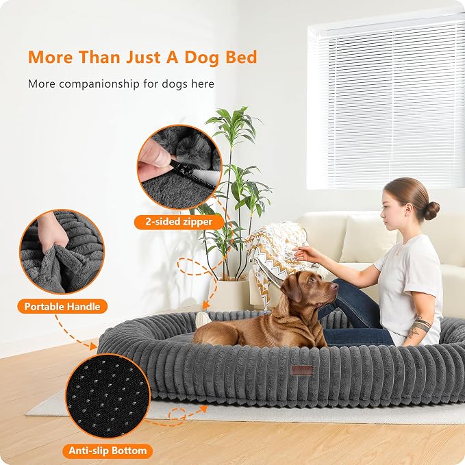 Human Dog Bed for Adult, Orthopedic Gel Memory Foam, 71"x47"x9" | Human Dog Bed Fits Adult & Pets, Reversible Egg-Crate Foam Cushion, Washable Pet Bed with Blanket, Medium Grey