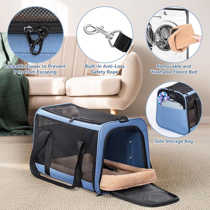 PETSFIT Cat Carrier Soft with Patented Safety Buckles, Safe for Car Travel | Lockable Zippers, Safety Tether, Escape-Resistant Pet Carrier for Vet Visits, Airline Approved Under-Seat, Up to 12 lbs