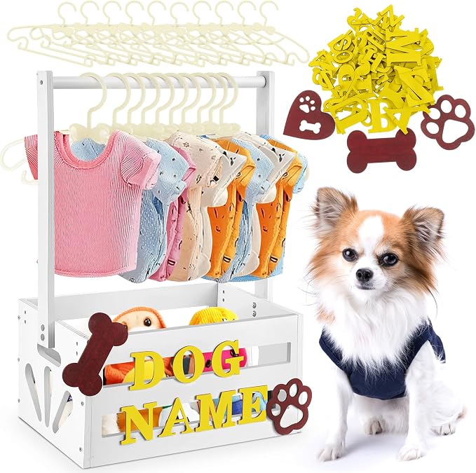 Teenyyou 20 x 13 x 9 Wooden Dog Closet Pet Wardrobe Crate Box with Hanging Rods and Personalized Alphabet Letters Easy Assembly Baskets for Dog Cat Toys Clothes Accessories(White)