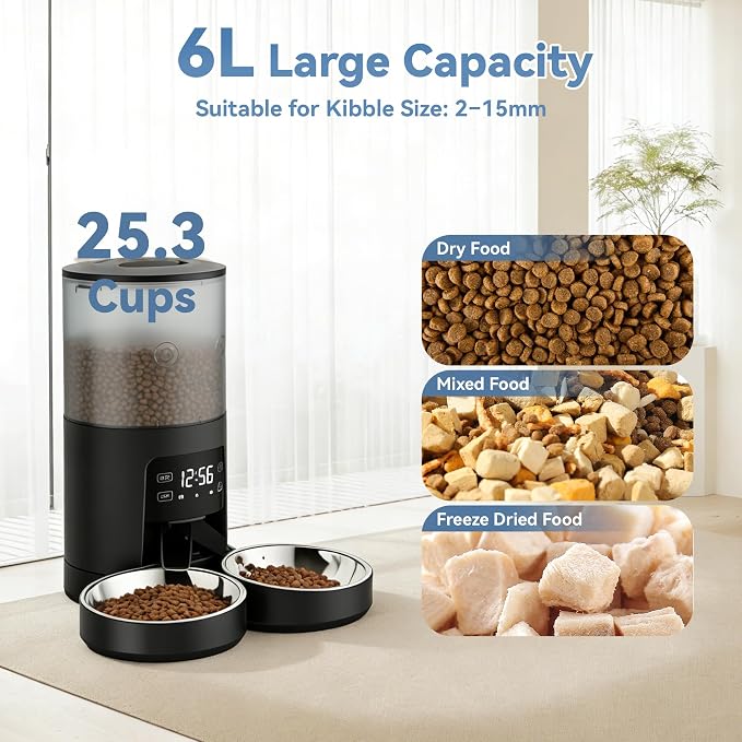 Sweetcrispy Automatic Cat Feeder for 2 Cats, 6L Automatic Pet Feeder, Black | 25.3 Cups, 2 Stainless Bowls, Programmable Schedule, 6 Meals/Day, 50 Portions/Meal, Dual Power Supply, 10s Meal Call