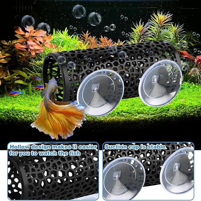 2Pcs Black Betta Aquarium Decoration, Betta Fish Tank Accessories Decoration with Suction Cup, Hidden Decor Habitat Toys for Shrimp Breeding Small Fish Playing & Resting