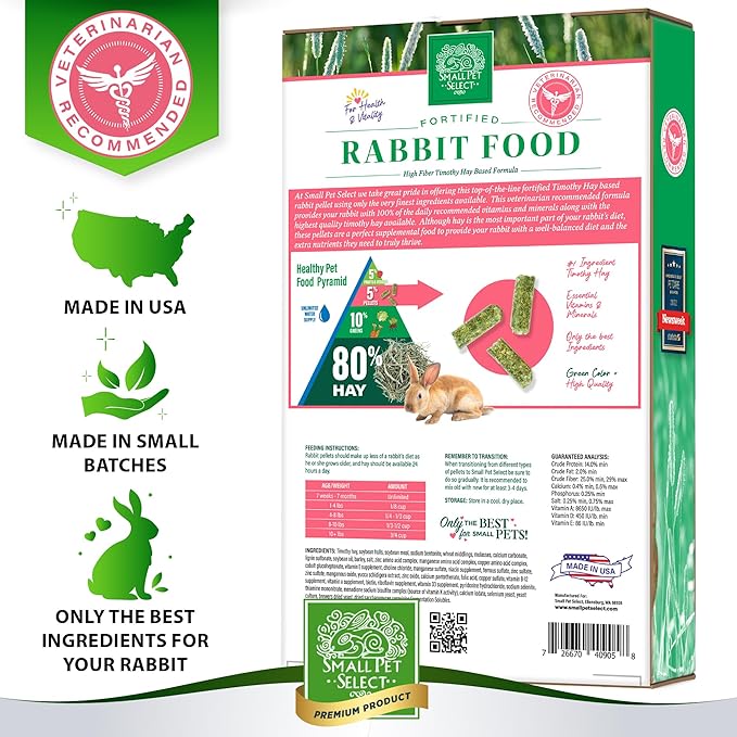 Small Pet Select Pet Rabbit Food, Pellets, Treats for Bunny Rabbits, For Health and Vitality, High Fiber Timothy Hay Based Formula, 20 lb