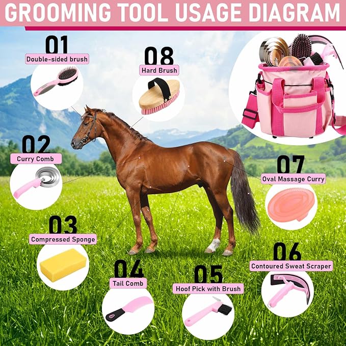 Cunhill 9 Pcs Horse Grooming Kit Tack Room Supplies Set with Tote Bag, Oval Massage Curry, Hard and Soft Brush, Hoof Pick, Sweat Scraper, Bathing Sponge, Comb for Horse Rider(Classic,Pink)