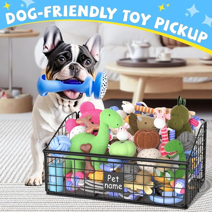 Kaiferty Indestructible Dog Toy basket, Medium Toy Box for Dogs,Pet Toy Bin Dog Metal Basket for Toys, Toy Storage Organizer, Toy Box for Living Room Area (Black)