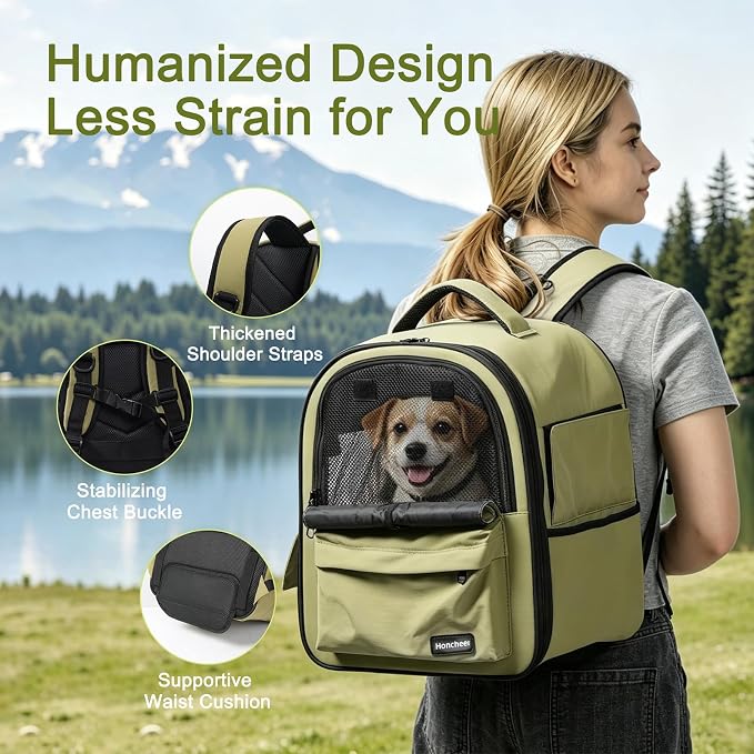 Cat Carrier Dog Backpack Carrier with Anti-Collapse Bottom (Olive Green) | Dog Carrier Mesh Backpack Breathable Pet Travel Bag with Sun Shade, Locking Zippers, Ergonomic Support for Hiking, Vet, Car