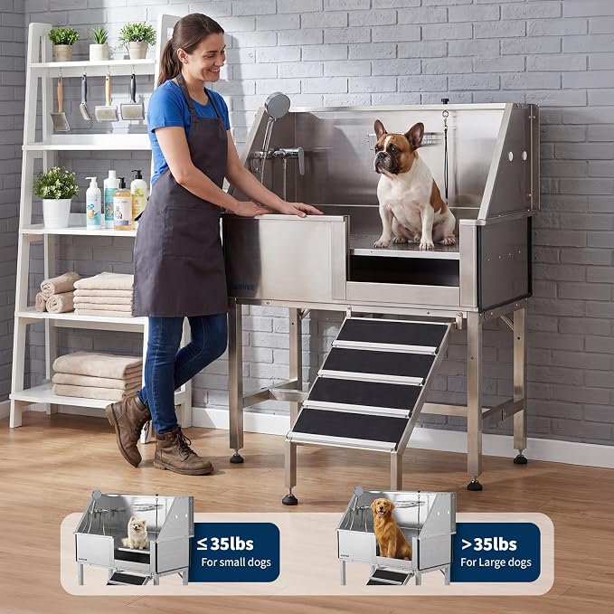Garvee 46 Inch Stainless Steel Dog Washing Station with Walk-in Ramp, Heavy Duty Pet Grooming Bathtub, Brushed Finish, Right Door Options | 46" Brushed Stainless Steel Heavy Duty Dog Grooming Tub with Walk-in Ramp, Rustproof, for Large Dogs, Salon & Home