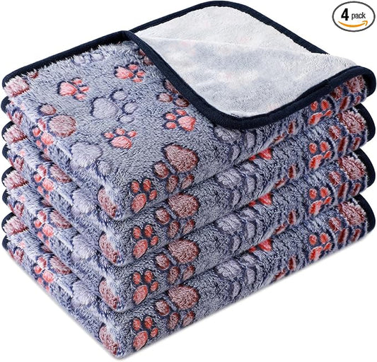 Tatuo 4 Pack Fleece Dog Blankets for Puppy Cats Multi-Size Sleep Mat for Pet Guinea Pig Soft Washable Warm Crate Bed Puppy Teething Toys Print Pattern Blanket Indoor(Blue,24 x 16 Inch,Paw)