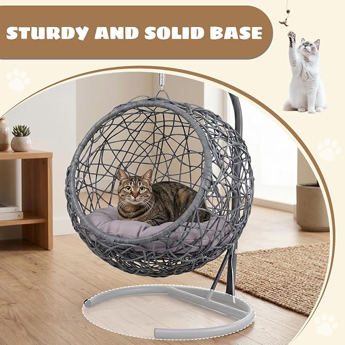Hanging Cat Swing Bed with Stand & Cushion | Rattan Wicker Egg Chair for Cats, Small Dogs & Pets, Indoor Swinging Bed, Cozy Resting Spot, Modern Design