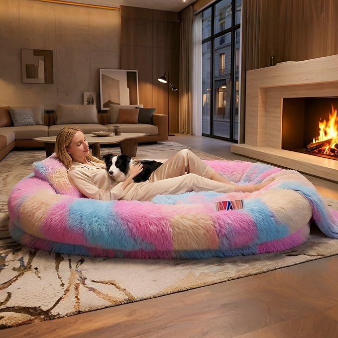 Human Dog Bed, Oversized Plush Lounger Bed with Plump Pillow and Blanket | 71" x 45" x 12" Long Plush Polyester Floor Nest for Relaxing, Napping, Reading, and Family Cuddle Time - Multicolor