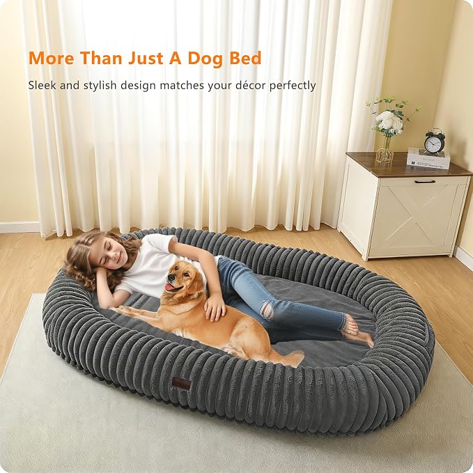 Human Dog Bed for Adult, Orthopedic Gel Memory Foam, 65"x41"x9" | Human Dog Bed Fits Adult & Pets, Reversible Egg-Crate Foam Cushion, Washable Pet Bed with Blanket, Medium Grey