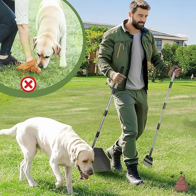 T2Y Pooper Scooper, 48'' Long Handle Dog Pooper Scooper, Adjustable Stainless Steel Rake & Extra Large Tray, Antirust & Durable Poop Scoopers for Yard, Lawn, Snowfield, Suitable for Multi-Dog Family