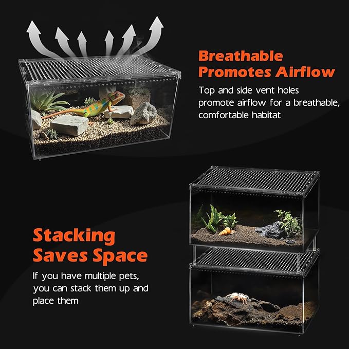 AZV Escape Proof Reptile Terrarium,Shatter Proof Polycarbonate Tarantula Tank with Magnetic Lid,Ventilated Spider Enclosure,360° Clear View,Easy Clean Habitat for Gecko,Frogs,Insects,Hermit Crabs XL