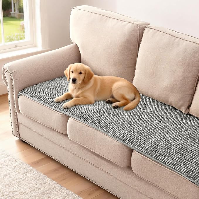 H.VERSAILTEX Plush Chenille Couch Cover for 3 Cushion Couch Anti Slip Washable Sofa Slipcovers Soft and Durable Furniture Protector for Dogs Cats Kids (27.5" x 71", Dove)