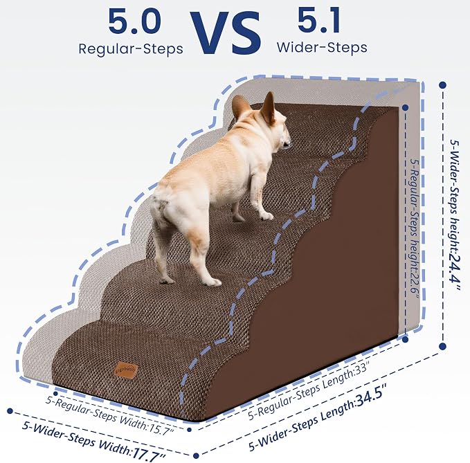 GoGoBunny Ramp Dog Stairs for High Beds 24.4" H, 5-Step Extra Wide Dog Slope Stairs with Durable Waterproof Fabric Cover, Pet Steps for Old Large Dogs Climbing, Non-Slip Sturdy Indoor Step, Brown
