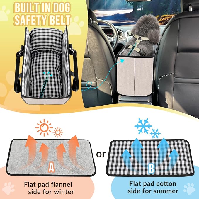 SlowTon Console Dog Car Seat, Dog Booster Seat for Small Dogs Under 11lbs | Portable, Safety Features for Anti-Collapse, Hard Bootm for Excellent Support, with Washable Cushion Built in Seat Belt