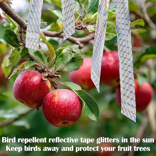 Reflective Bird Scare Tape – 2 Rolls 300FT Outdoor Reflective Ribbon, Double-Sided Shiny Tape for Garden, Yard, Orchard & Trees, Visual Bird Decoration