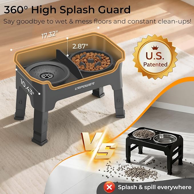URPOWER Mess Proof Elevated Dog Bowls 4 Height Adjustable Raised Stand | No Spill Water Bowl, Slow Feeder Dog Bowls, Non-Slip Food and Water Bowl Set for Small, Medium & Large Dogs