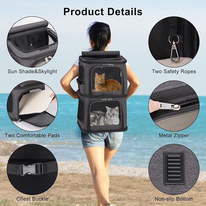 2-in-1 Double Pet Carrier Backpack for Small Cats & Dogs, Black | Portable Pet Travel Carrier with Super Ventilated Design, Ideal for Hiking, Camping and Outdoor Adventures